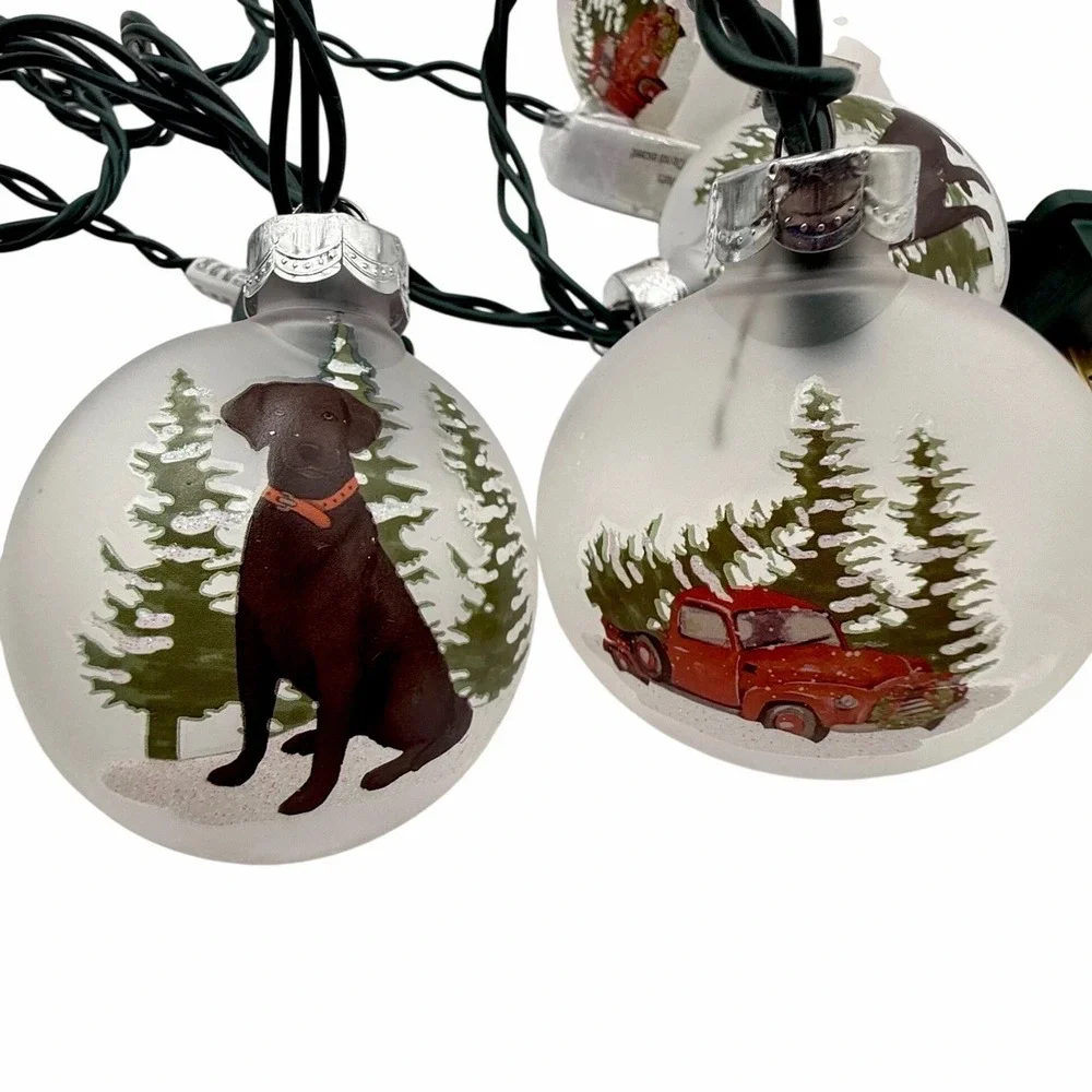 Chocolate Labrador Christmas String Lights Hand Painted Glass Red Truck Dog